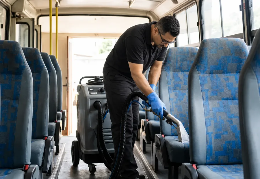 Higienização de ônibus e micro-ônibus em BH: Higienização de ônibus e micro-ônibus: bancos limpos na garagem da empresa