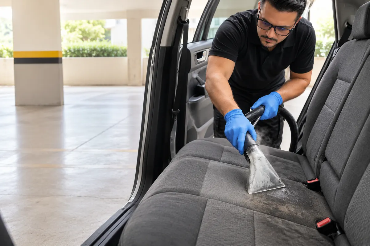 Técnico da Lava Tudo VIP higienizando o banco traseiro de um carro
